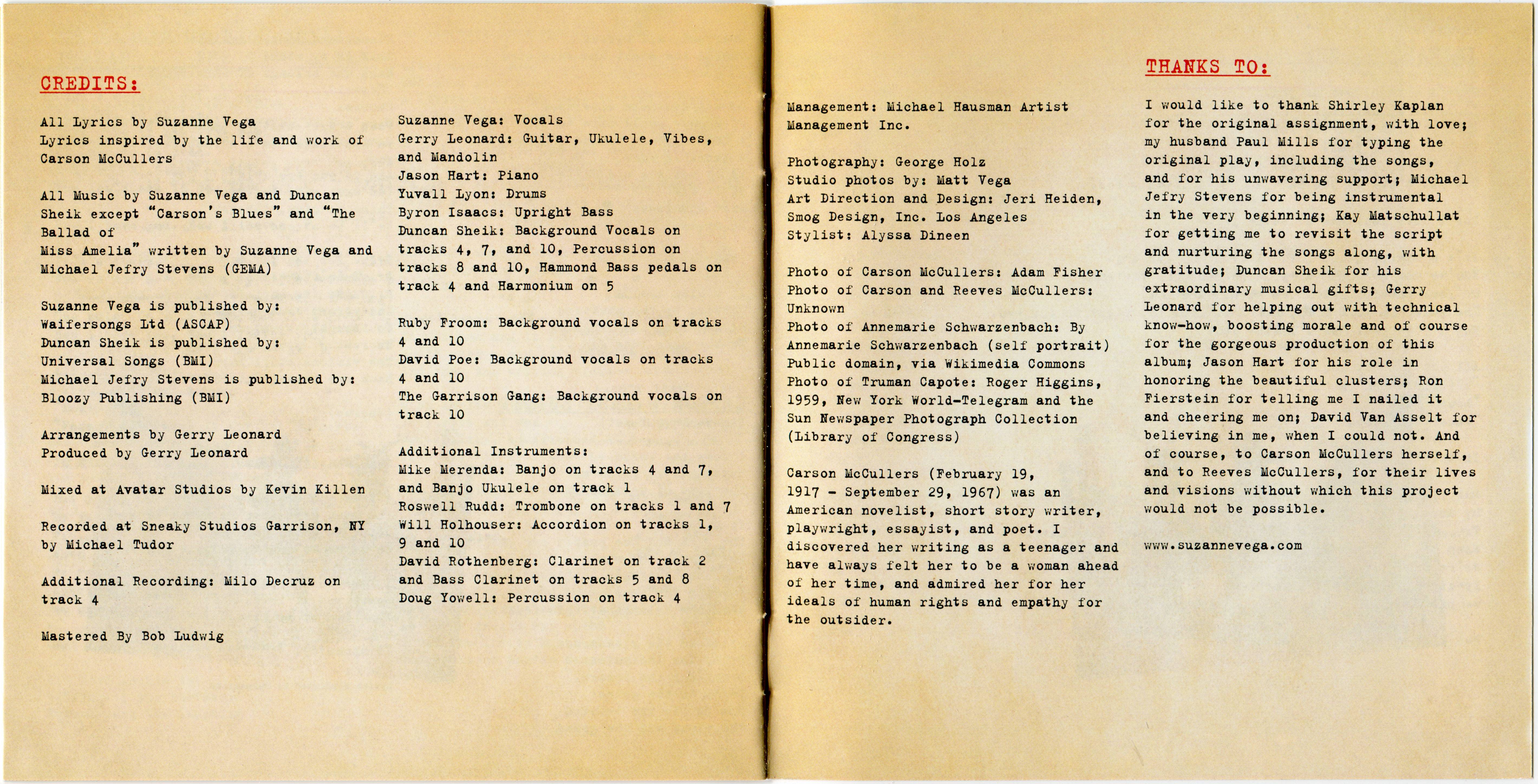 Suzanne Vega & Carson Mccullers  Lover, Beloved Songs From An Evening : Booklet 7